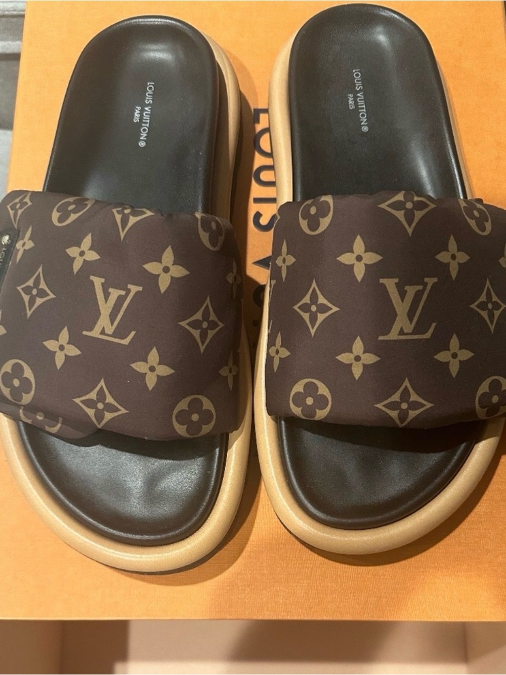 Authentic Louis Vuitton Brown Monogram Padded Slide Sandals Size 38